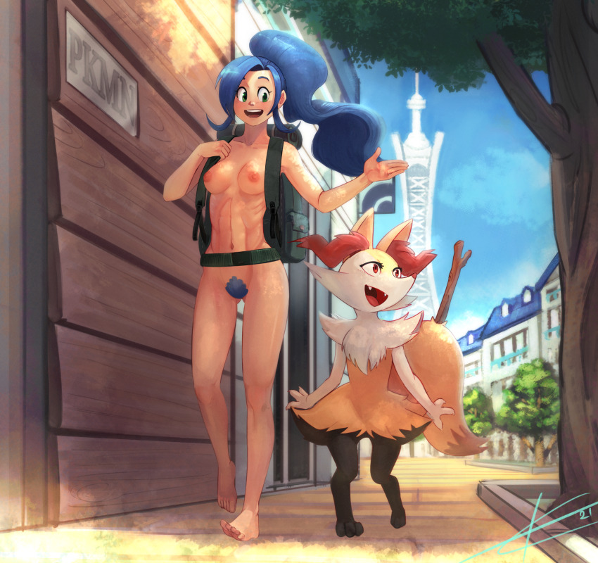1girl backpack bag barefoot belt blue_hair braixen breasts casual casual_nudity city commission creatures_(company) dark_skin eltonel game_freak gen_6_pokemon highres medium_breasts navel nintendo nipples nude nudist original outdoors pokemon pokemon_(creature) pubic_hair public_indecency smile walking