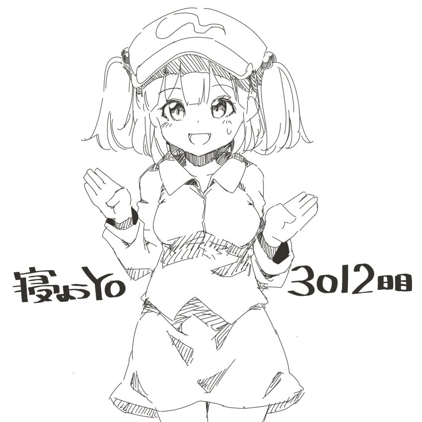 1girl blush breasts cactas7 collarbone greyscale hair_bobbles hair_ornament hat highres kawashiro_nitori legs long_sleeves looking_at_viewer medium_breasts monochrome newsboy_cap open_mouth short_hair simple_background smile solo sweatdrop touhou upper_body