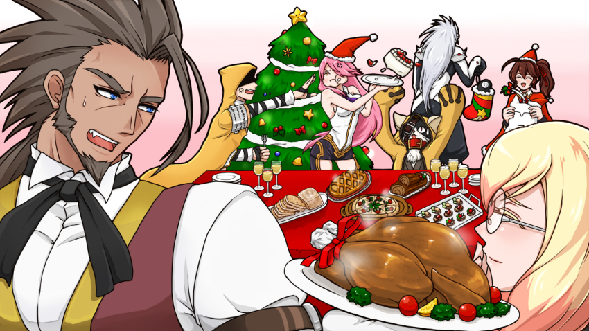 3girls 4boys :t ahoge anger_vein arakune arc_system_works armor artist_request bare_shoulders blazblue blazblue_phase_0 blue_eyes blush breasts cake cameo cat celica_a._mercury christmas dark_skin eyepatch closed_eyes facial_hair fang food food_on_face glasses hair_over_one_eye hakumen hat hood jubei_(blazblue) konoe_a._mercury long_hair mask multiple_boys multiple_girls open_mouth pakumen ponytail silver_hair smile stuffed_toy sweatdrop tree trinity_glassfield valkenhayn_r_hellsing witch_hat yellow_eyes aged_down yuuki_terumi
