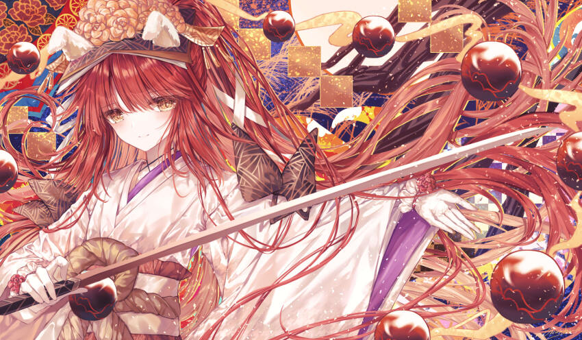 1girl fate/grand_order fate_(series) gloves hair_ornament hair_ribbon highres holding holding_sword holding_weapon japanese_clothes katana kimono kyokutei_bakin_(fate) kyokutei_bakin_(third_ascension)_(fate) long_hair orb ponytail purionpurion red_eyes red_hair ribbon smile sword very_long_hair weapon white_gloves white_kimono