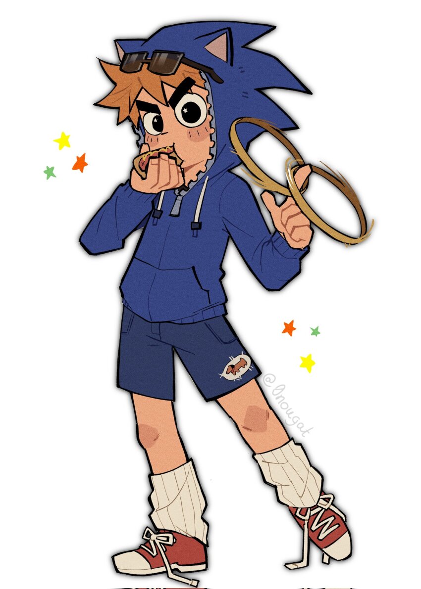 0nougat 1boy animal_ears black_eyes blue_hoodie blue_shorts corrupted_twitter_file cosplay eating eyewear_on_head fake_animal_ears full_body highres hood hood_up hoodie hot_dog looking_at_viewer loose_socks male_focus orange_hair red_shoes ring_(sonic) scott_pilgrim scott_pilgrim_(series) shoes short_hair shorts simple_background sneakers socks solo sonic_(series) sonic_the_hedgehog sonic_the_hedgehog_(cosplay) spinning standing star_(symbol) sunglasses thick_eyebrows white_background white_socks