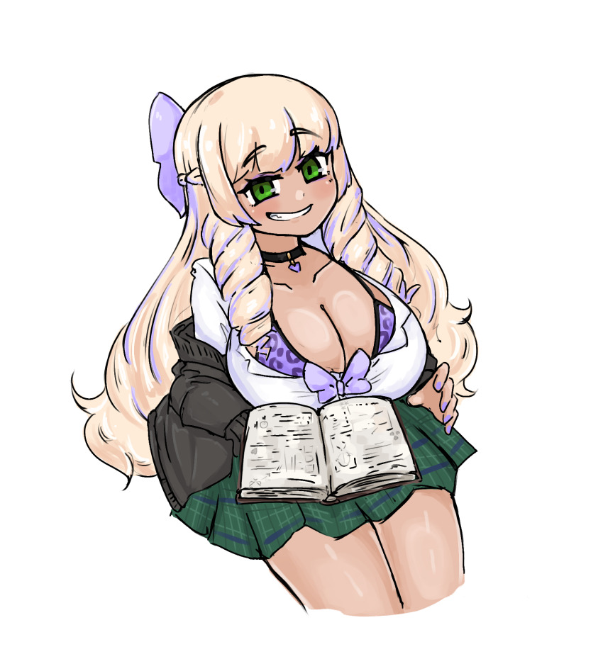 bikini blonde_hair breasts leopard_print choker dork_(_dorku) drill_hair green_skirt grin gyaru highres huge_breasts jacket kodou-sama(cownon) large_breasts long_hair mage nail_polish naughty_face ojou-sama original platinum_blonde_hair purple_highlights revealing_clothes school_uniform skirt smile smug swimsuit tan