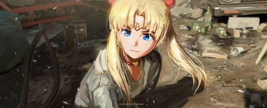 1girl artist_name bishoujo_senshi_sailor_moon bishoujo_senshi_sailor_moon_s blonde_hair blue_eyes choker circlet closed_mouth commentary derivative_work dust english_commentary faiz_azhar heart heart_choker highres long_hair looking_at_viewer meme outdoors red_choker sailor_moon sailor_moon_redraw_challenge_(meme) screenshot_redraw shirt solo tsukino_usagi upper_body white_shirt