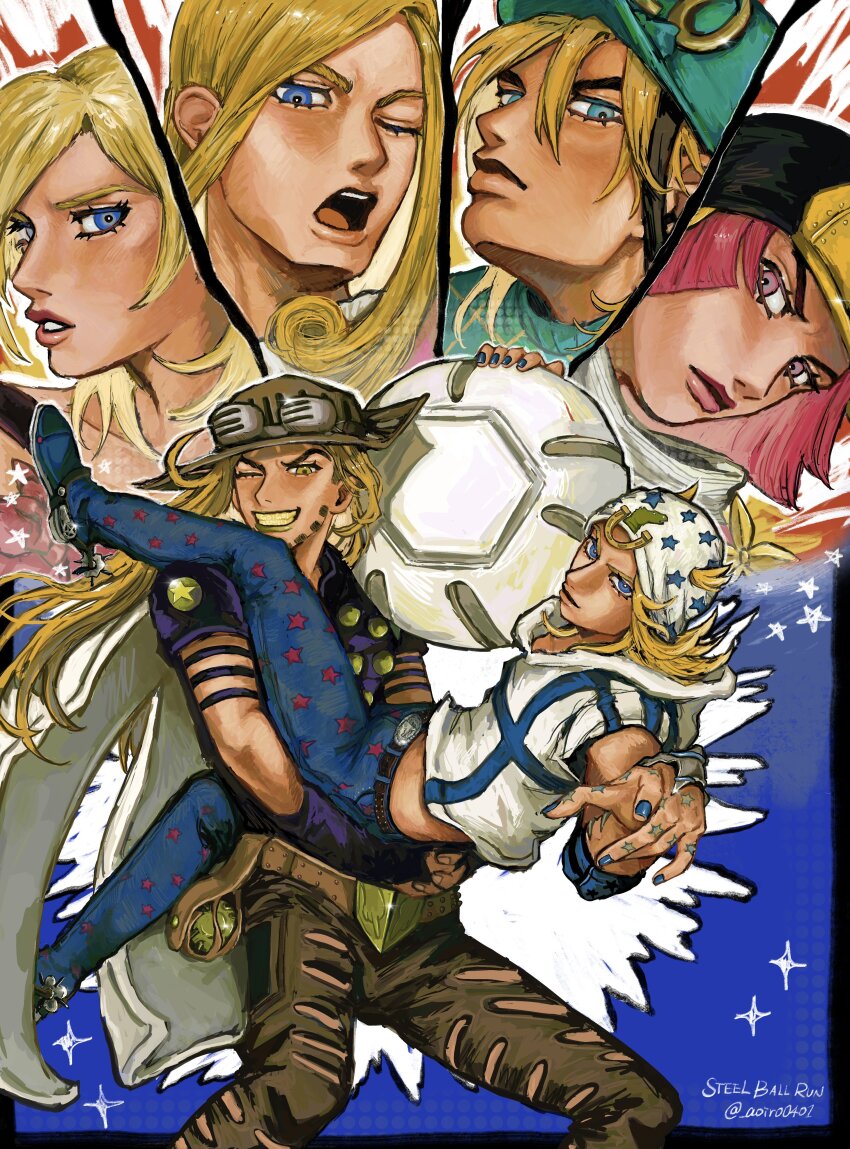 2girls 4boys absurdres aoiro0401 aqua_helmet beanie belt black_helmet blue_eyes blue_nails blue_pants bridal_gauntlets brown_belt brown_hat cape cowboy_hat diego_brando funny_valentine gold_teeth green_eyes green_pants gyro_zeppeli hat helmet highres hood hoodie horseshoe_hat_ornament hot_pants_(sbr) johnny_joestar jojo_no_kimyou_na_bouken looking_at_viewer lucy_steel multiple_boys multiple_girls one_eye_closed open_mouth pants pink_eyes pink_hair pointing pointing_at_viewer purple_bridal_gauntlets purple_shirt shirt short_hair short_sleeves smile star_(symbol) star_print steel_ball_(jojo) steel_ball_run white_cape white_hat white_hoodie