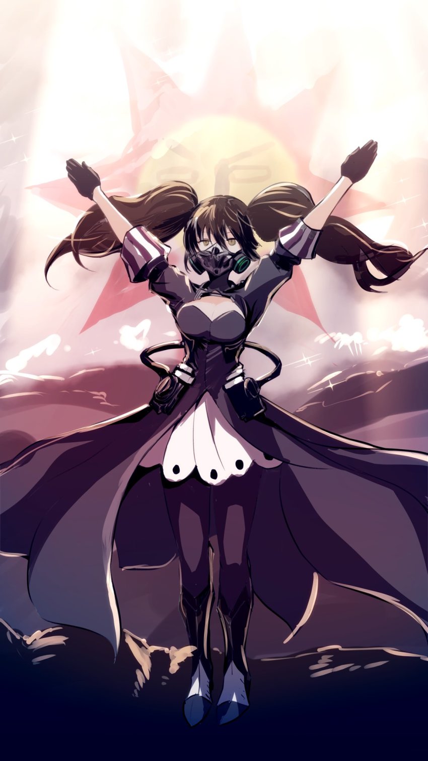 1girl black_boots black_dress black_gloves black_hair black_pantyhose boots breasts brown_eyes cleavage dark_souls_(series) dark_souls_i dress girls&#039;_frontline gloves hair_between_eyes highres long_hair looking_at_viewer mask medium_breasts mineta_naoki pantyhose praise_the_sun respirator sangvis_ferri scarecrow_(girls&#039;_frontline) showgirl_skirt solaire_of_astora solo sun twintails