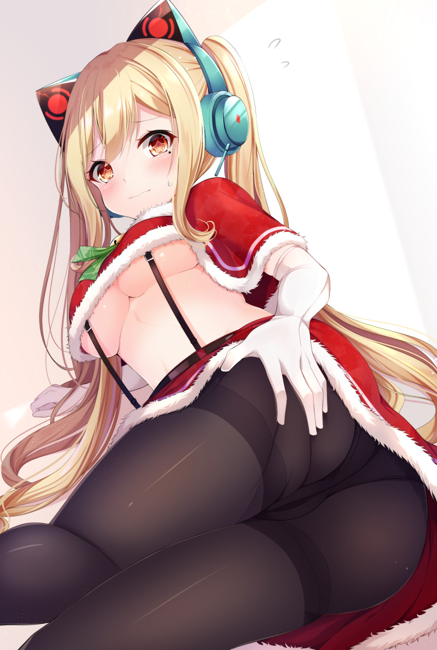 1girl alternate_costume animal_ear_headphones animal_ears arm_support ass azur_lane black_panties black_pantyhose blonde_hair blush breasts capelet cat_ear_headphones christmas closed_mouth concord_(azur_lane) concord_(sweet_christmas)_(azur_lane) elbow_gloves fake_animal_ears female_focus foreshortening fur-trimmed_capelet fur-trimmed_skirt fur_trim gloves hair_between_eyes hand_on_own_ass headphones highres long_hair looking_at_viewer lying mole mole_under_eye no_bra on_side panties panties_under_pantyhose pantyhose red_capelet red_skirt shiira_(nya_rl) shiny_skin simple_background skirt solo star-shaped_pupils star_(symbol) suspender_skirt suspenders symbol-shaped_pupils thighs underboob underwear white_gloves
