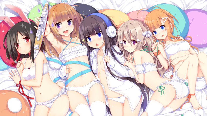 5girls :o animal_ears ass azur_lane barefoot bed_sheet black_hair blue_eyes blue_ribbon blunt_bangs blush bra breasts brown_hair closed_mouth collarbone dress_shirt fortune_(azur_lane) foxhound_(azur_lane) frilled_bra frilled_panties frills hair_ornament halterneck haluka_(aixioo) hand_up headphones highres hitodama holding kagerou_(azur_lane) knees_together_feet_apart lingerie long_hair long_island_(azur_lane) long_sleeves looking_at_another lying medium_breasts model_ship multiple_girls navel no_bra odd_one_out on_back on_bed on_side open_clothes open_mouth open_shirt orange_eyes orange_hair outstretched_arm panties parted_lips pillow purple_eyes rabbit_ears red_eyes red_ribbon ribbon shiranui_(azur_lane) shirt sleeves_past_wrists small_breasts smile sparkle thighhighs thighs underwear very_long_hair wedgie white_bra white_legwear white_panties wrist_ribbon