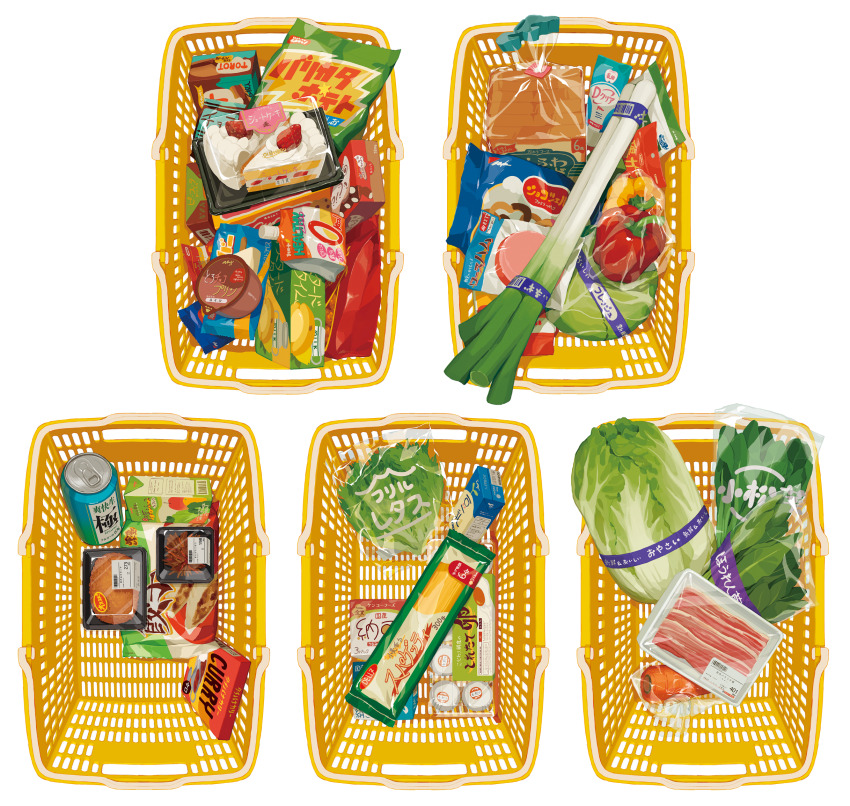 barcode basket bell_pepper bottle bread bread_slice cabbage cake cake_slice can carrot commentary_request copyright_request drink_can food food_packaging food_wrapper highres juice_carton kaname_(emanalc) meat no_humans official_art plastic_wrap price_tag shopping_basket shrink_wrap simple_background still_life toast translation_request vegetable white_background