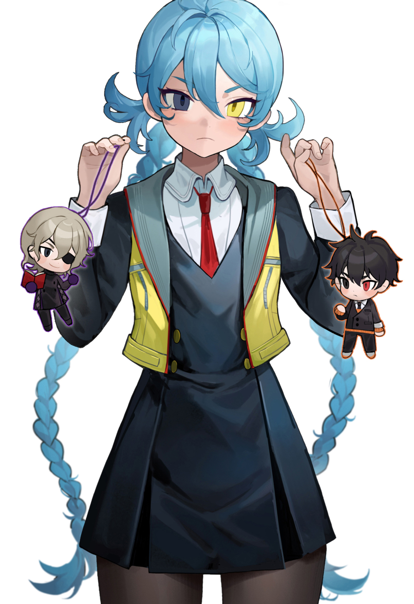 1girl absurdres ai_the_somnium_files ai_the_somnium_files:_nirvana_initiative black_dress black_eyes black_hair blonde_hair brown_pantyhose character_doll closed_mouth collared_shirt cowboy_shot date_kaname doll dress eyepatch grey_eyes heterochromia highres hikariace medium_hair necktie okiura_mizuki pantyhose red_eyes red_necktie ryuki_kuruto school_uniform sekiba_girls&#039;_high_school_uniform shirt simple_background smile solo vest white_background white_shirt yellow_eyes yellow_vest
