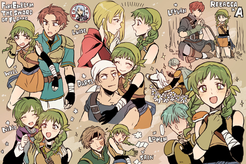 ... 3girls 6+boys aqua_hair armor bandages bandana bead_necklace beads belt blonde_hair blouse blush boots bow_(weapon) braid brother_and_sister brown_hair cape capelet character_name closed_eyes copyright_name crossed_legs dart_(fire_emblem) eyebrows face-to-face fingerless_gloves fire_emblem fire_emblem:_the_blazing_blade gloves green_hair hairband heart horse horseback_riding hug hug_from_behind imagining index_finger_raised indian_style jewelry kneeling knight looking_at_another louise_(fire_emblem) lowen_(fire_emblem) multiple_boys multiple_girls multiple_persona necklace nino_(fire_emblem) nintendo noshima open_mouth pent_(fire_emblem) profile raven_(fire_emblem) rebecca_(fire_emblem) red_hair riding sain_(fire_emblem) shirt short_hair siblings sitting skirt slap_mark slapping smile sparkle spoken_character spoken_ellipsis sweatdrop twin_braids weapon wil_(fire_emblem) wrist_guards