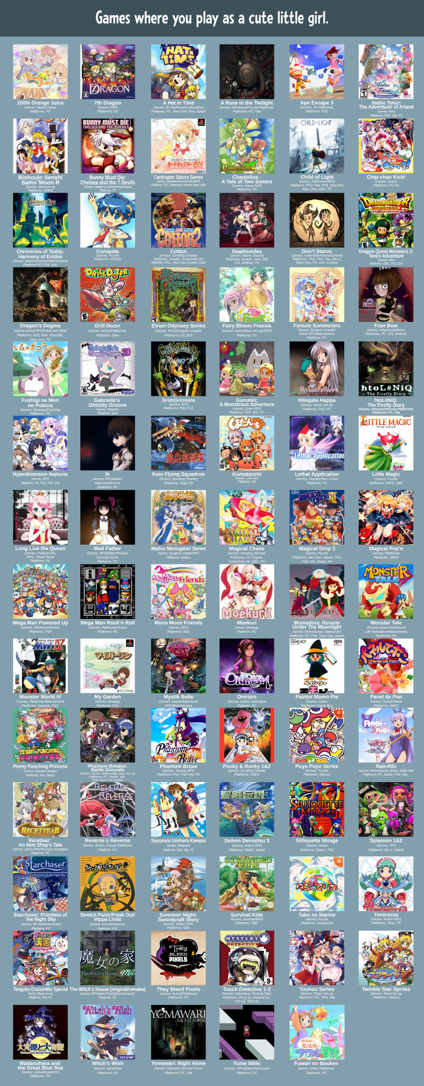 100_percent_orange_juice 6+girls 7th_dragon_(series) a_hat_in_time absurdres animal_ears atelier_(series) atlus bishoujo_senshi_sailor_moon black_hair blonde_hair blue_hair brown_hair bunny_must_die capcom cardcaptor_sakura chantelise child child_of_light_(game) chip-chan_kick! coropata cotton_(game) crossover data_east dragon_quest dragon_quest_monsters_2 drill_dozer etrian_odyssey fairy fairy_bloom_freesia fortune_summoners fran_bow green_hair grimgrimoire gurumin hat highres htol#niq:_hotaru_no_nikki ib_(kouri) inkling_player_character japanese_clothes keio_flying_squadron kumatanchi lethal_application long_live_the_queen mad_father madotsuki madou_monogatari magical_chase magical_drop_3 mega_man_(series) miko momodora:_reverie_under_the_moonlight monkey monster monster_world multiple_girls mystik_belle neptune_(series) nintendo painter_momopii panel_de_pon phantom_brave phantom_breaker pink_hair puyopuyo rabbit_ears rabi-ribi recettear red_hair reverse_x_reverse sailor_uniform saru_getchu sayonara_umihara_kawase sega seiken_densetsu seiken_densetsu_3 splatoon_(series) square_enix squid starchaser stretch_panic success summon_night survival_kids tanuki tecmo tenerezza they_bleed_pixels touhou twinkle_star_sprites umihara_kawase wadanohara wand witch yomawari_(series) yume_nikki