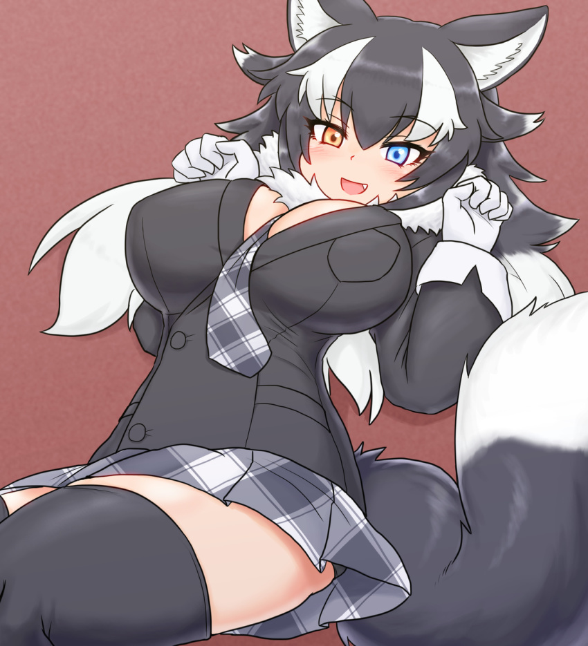 1girl animal_ears between_breasts black_thighhighs blue_eyes blush breast_pocket breasts commentary commentary_request fang female_focus fur_collar gloves grey_wolf_(kemono_friends) heterochromia highres kemono_friends large_breasts long_hair looking_at_viewer lying mo23 multicolored_hair necktie necktie_between_breasts on_back open_mouth pocket solo tail thighhighs two-tone_hair white_gloves wolf_ears wolf_girl wolf_tail yellow_eyes zettai_ryouiki