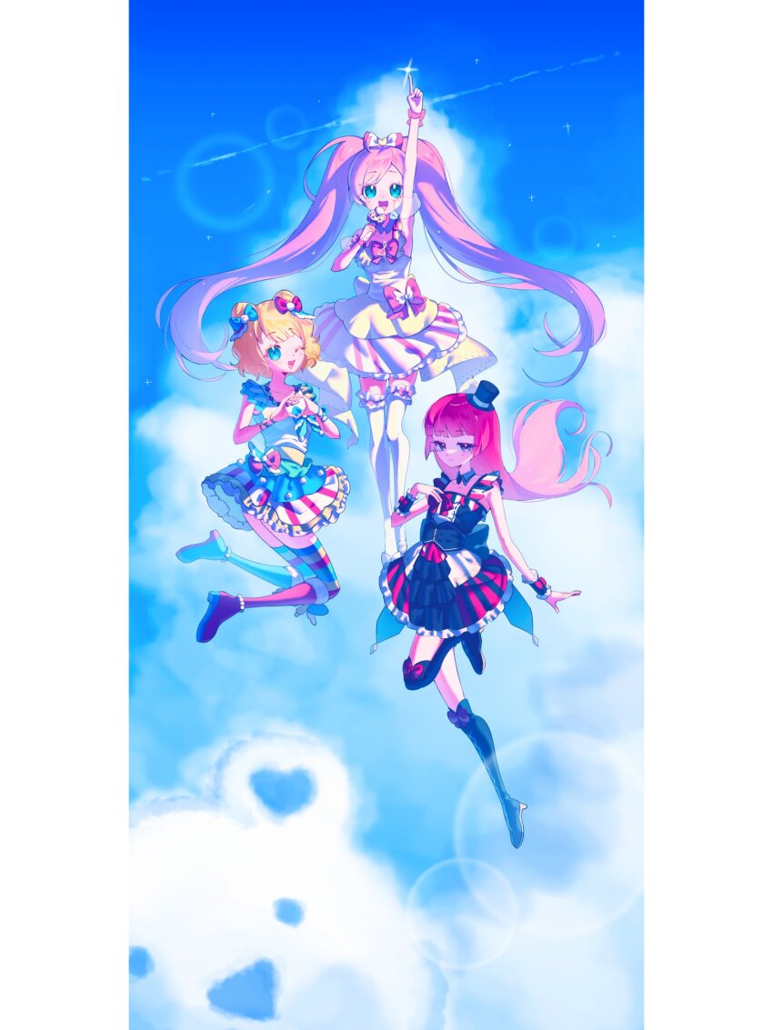 3girls :d ;d abu_(songbu_) arm_up asymmetrical_footwear bare_arms bare_shoulders black_boots black_dress black_wrist_cuffs blonde_hair blue_bow blue_eyes blue_skirt blue_sky boots bow cloud colored_eyelashes commentary detached_sleeves dot_nose dress dress_bow floating floating_hair frilled_garter green_eyes hair_bow hand_up hands_up hat heart heart_hands highres hojo_sophy holding holding_microphone idol idol_clothes index_finger_raised layered_skirt leg_lift legs_together legwear_garter light_smile long_hair looking_at_viewer manaka_laala medium_dress medium_hair microphone minami_mirei mini_hat mini_top_hat multiple_girls one_eye_closed open_mouth outdoors pink_bow pretty_series pripara purple_eyes purple_hair red_bow red_hair see-through_clothes see-through_sleeves shirt skirt sky sleeveless sleeveless_dress smile sparkle straight-on straight_hair striped_clothes striped_dress striped_thighhighs thighhighs top_hat twintails two-tone_dress vertical-striped_clothes vertical-striped_dress very_long_hair white_dress white_garter white_shirt white_thighhighs wrist_cuffs zettai_ryouiki
