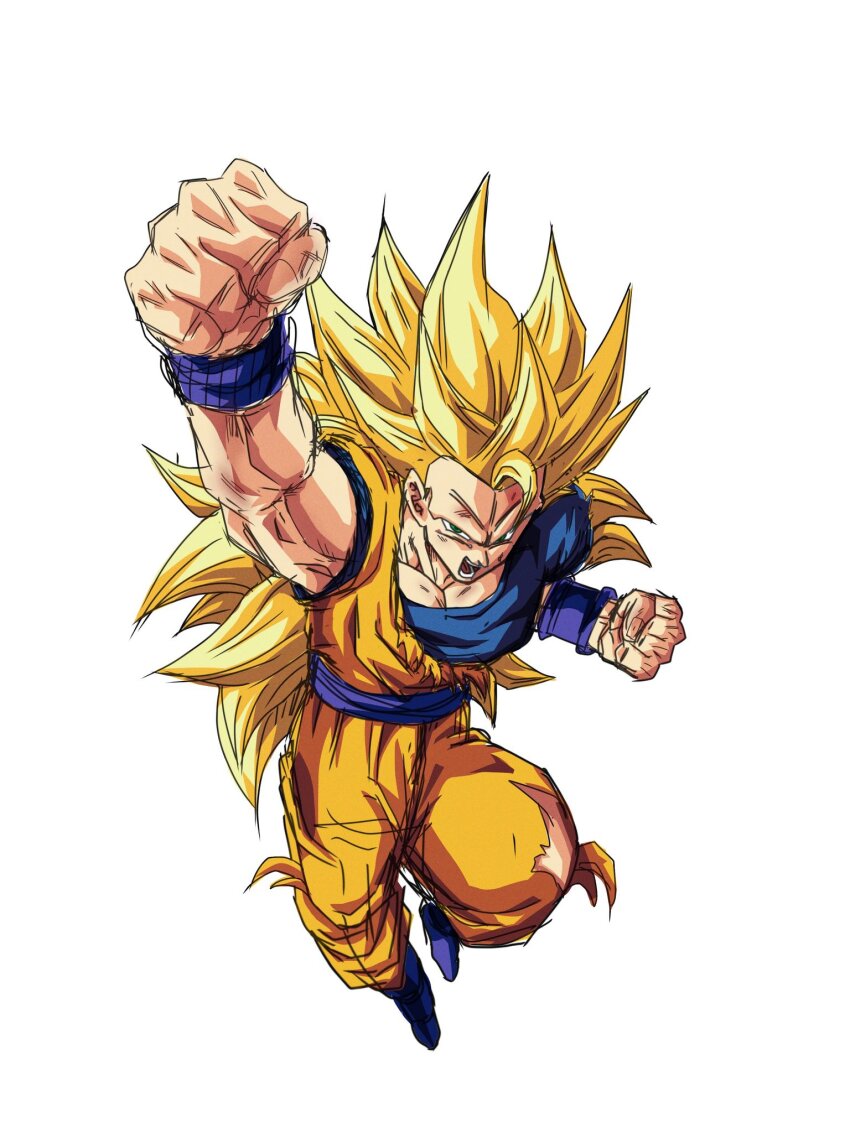 1boy blonde_hair blue_sash blue_shirt blue_wrist_cuffs clenched_hands dougi dragon_ball dragonball_z full_body green_eyes highres long_hair male_focus muscular muscular_male no_eyebrows orange_pants orange_shirt pants sash shirt simple_background sketch solo son_goku spiked_hair super_saiyan super_saiyan_3 torn_clothes torn_pants torn_shirt urotakanata02 white_background wrist_cuffs