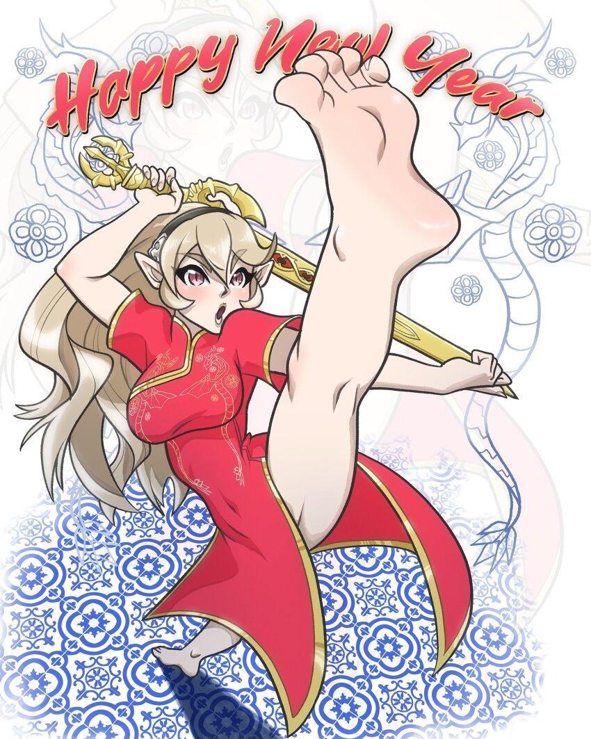 alternate_costume barefoot black_hairband blonde_hair breasts china_dress chinese_clothes chinese_zodiac commentary female_corrin_(fire_emblem) covered_navel dragon dress english_commentary feet fire_emblem fire_emblem_fates foot_focus foreshortening from_above full_body hairband happy_new_year highres holding holding_sword holding_weapon kung_fu large_breasts legendsnjk long_hair looking_up new_year nintendo open_mouth pointy_ears red_eyes short_sleeves slit_pupils soles split standing standing_on_one_leg standing_split sword toes v-shaped_eyebrows weapon yato_(fire_emblem) year_of_the_dragon zoom_layer