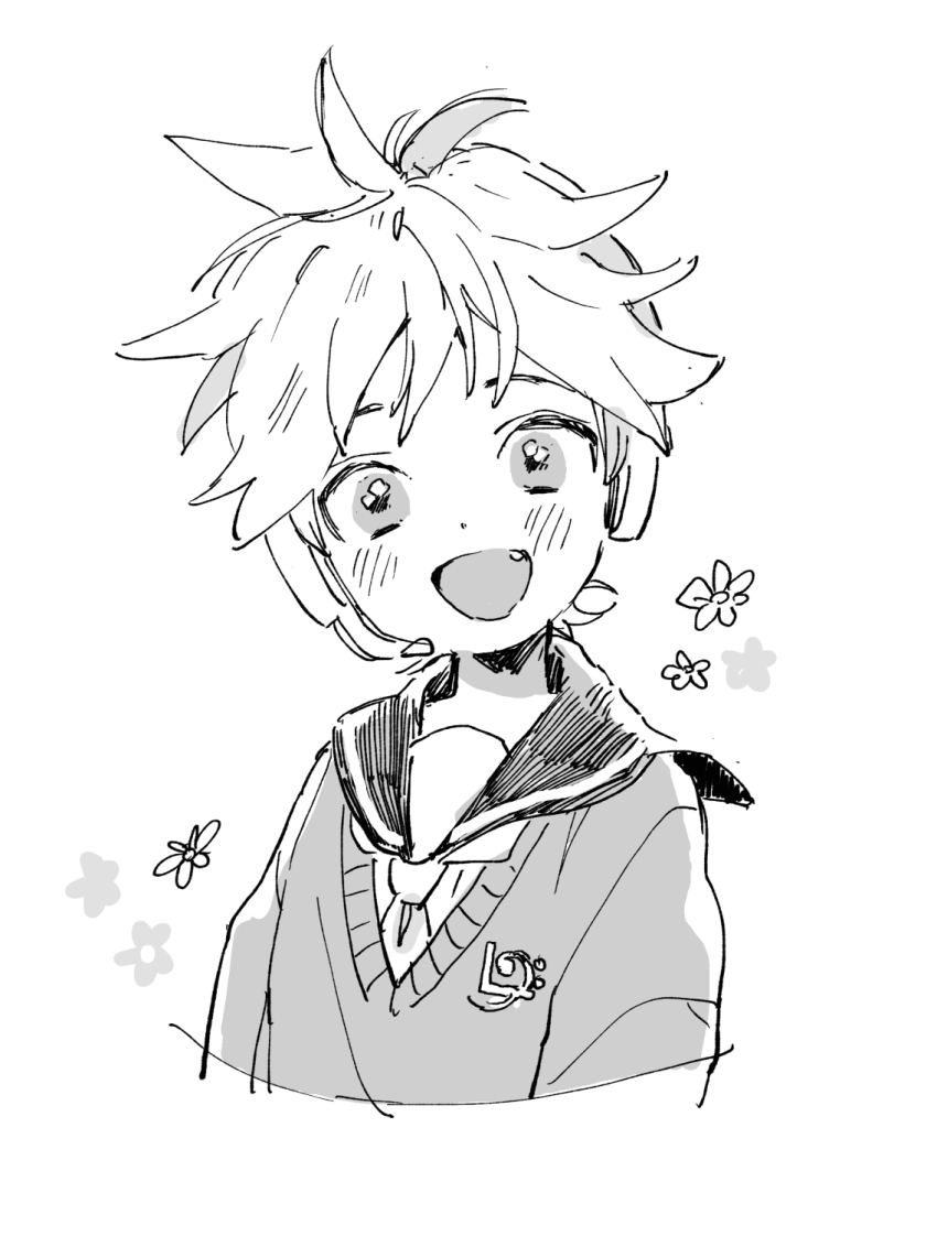 1boy commentary_request cropped_torso dot_nose fang flower happy headphones headset highres kagamine_len kouhara_yuyu light_blush looking_at_viewer male_focus messy_hair musical_note musical_note_print necktie open_mouth ponytail sailor_collar shirt_under_sweater short_hair short_ponytail simple_background smile solo sweater v-neck vocaloid white_background