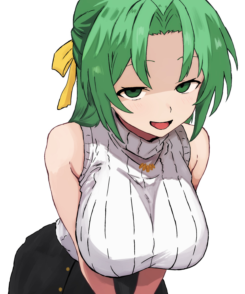 1girl absurdres bare_arms bare_shoulders black_skirt breasts breasts_squeezed_together commentary green_eyes green_hair hair_ribbon half_updo high-waist_skirt highres higurashi_no_naku_koro_ni jewelry large_breasts leaning_forward light_blush long_hair looking_at_viewer necklace open_mouth parted_bangs partially_shaded_face peace_peace009 ribbed_sweater ribbon simple_background skirt sleeveless sleeveless_sweater smile solo sonozaki_shion sweater sweater_tucked_in turtleneck turtleneck_sweater upper_body v_arms white_background white_sweater yellow_ribbon