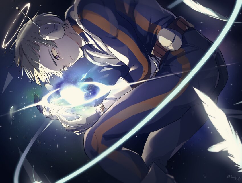 1boy colored_skin dragon_ball dragon_ball_super feathers galaxy giant giant_male grey_hair headset highres male_focus merus_(dragon_ball) pouch purple_eyes purple_skin roku_(roku_0141) solo space star_(sky)