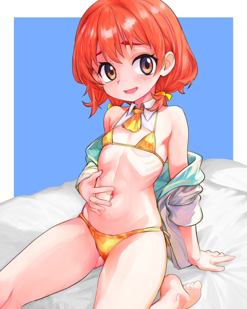 1girl absurdres ascot barefoot bikini blue_background border bow collared_bikini commentary commission gold_bikini hair_bow highres looking_at_viewer low_twintails navel off_shoulder on_bed open_mouth orange_hair original outside_border pixiv_commission short_twintails sitting smile solo spread_navel stomach swimsuit thighs tsukiyono_aroe twintails white_border yellow_ascot yellow_bikini yellow_bow