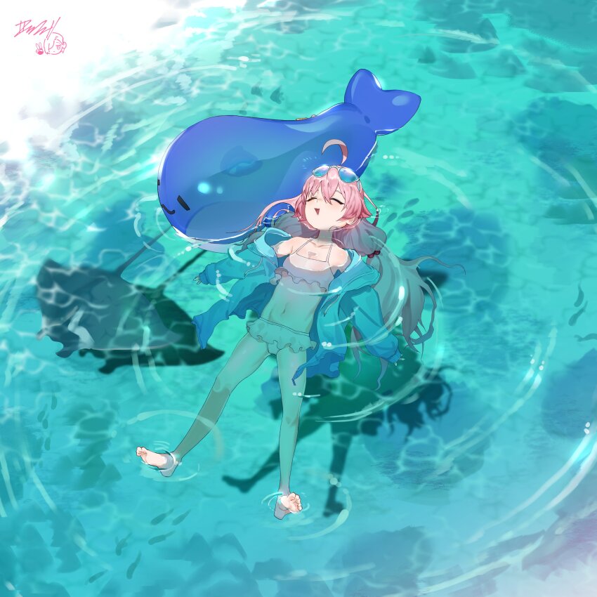 1girl absurdres ahoge bikini blue_archive breasts closed_eyes eyewear_on_head frilled_bikini frills hair_between_eyes highres hoshino_(blue_archive) hoshino_(swimsuit)_(blue_archive) inflatable_toy inflatable_whale long_hair manta_ray no_halo ocean official_alternate_costume pink_hair shimiya_jin small_breasts sunglasses swimsuit white_bikini