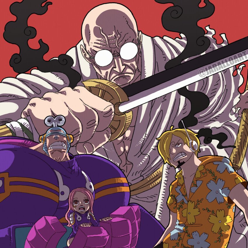 1girl 3boys absurdres bald black_fire blonde_hair blue_hair clenched_teeth covered_eyes curly_eyebrows cyborg ethan-baron_v._nusjuro facial_hair fire floral_print franky_(one_piece) frown glasses glowing_glasses goatee headphones highres holding holding_sword holding_weapon jaralloart jewelry_bonney long_hair menacing multiple_boys one_piece orange_shirt pink_eyes pink_hair red_background robe sanji_(one_piece) serious shirt short_hair sideburns sword teeth veins weapon white_robe winding_key