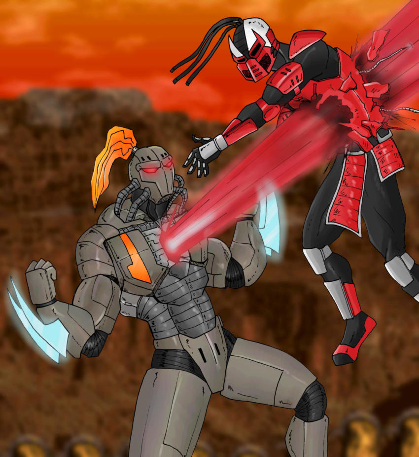 2boys absurdres armor battle beam black_eyes chest_beam crossover cyborg death_battle fighting fulgore glowing glowing_eyes highres killer_instinct male_focus mask mawnbak mechanical_arms mechanical_legs mechabare mortal_kombat_(series) multiple_boys no_pupils red_eyes robot sektor