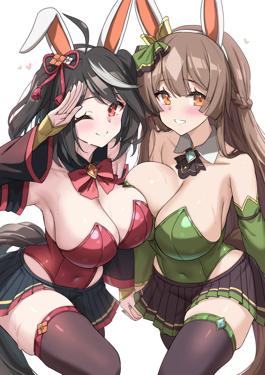 2girls ;) ahoge animal_ear_hairband animal_ears armpits ascot bare_shoulders black_hair black_skirt black_sleeves black_tail black_thighhighs blush bow braid breast_press breasts brown_eyes brown_hair brown_tail cleavage closed_mouth collarbone covered_navel detached_collar detached_sleeves diamond_(shape) ear_covers ear_ornament ear_ribbon fake_animal_ears green_leotard hair_ornament hair_ribbon hairband half_up_braid heart highres holding_hands horse_ears horse_girl horse_tail kibihimi kitasan_black_(umamusume) large_breasts leotard long_hair looking_at_viewer miniskirt multicolored_hair multiple_girls navel one_eye_closed orange_eyes playboy_bunny pleated_skirt rabbit_ear_hairband rabbit_ears red_eyes red_leotard red_ribbon ribbon salute satono_diamond_(umamusume) short_hair simple_background skirt smile strapless strapless_leotard streaked_hair sweat symmetrical_docking tail thighhighs two_side_up umamusume white_background white_hair white_streaks yellow_arm_warmers