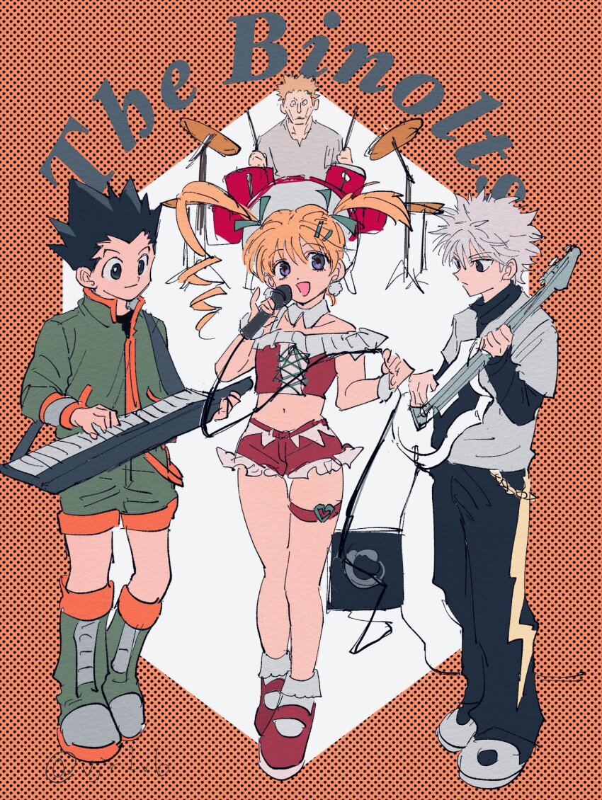 1boy 3girls artist_name artist_request biscuit_krueger drill_hair drum drum_set gon_freecss highres hunter_x_hunter instrument keyboard_(instrument) killua_zoldyck leotard microphone multiple_girls music playboy_bunny playing_guitar singing thigh_strap twin_drills