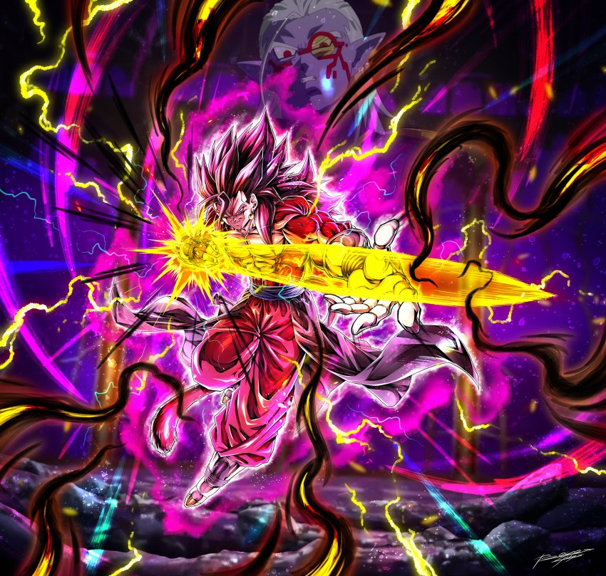 absurdres biceps body_fur boyerjorys colored_skin dragon_ball dragon_ball_heroes earrings energy_sword fu_(dragon_ball) hair_pulled_back hair_slicked_back highres jewelry monkey_boy monkey_tail no_nipples potara_earrings purple_skin red_fur saiyan spiked_hair super_full_power_saiyan_4_limit_breaker super_saiyan super_saiyan_4 sword tail tinted_eyewear vegetto vegetto_(xeno) weapon