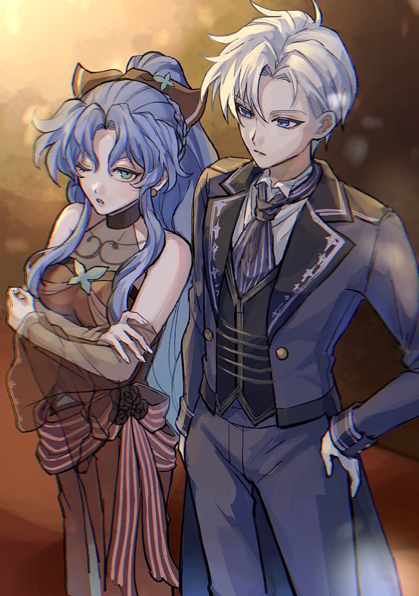 1boy 1girl ;o absurdres alternate_costume arm_at_side black_bow black_necktie black_vest blue_eyes blue_hair bow braid chromatic_aberration coat coattails commentary crossed_arms detached_sleeves dress earrings formal_clothes green_eyes grey_coat grey_pants hair_bow hand_on_own_hip high_ponytail highres jewelry lapels long_hair long_sleeves looking_at_another necktie notched_lapels one_eye_closed open_clothes open_coat open_mouth pants parted_bangs parted_lips ponytail puyopuyo puyopuyo_quest red_dress rulue_(puyopuyo) schezo_wegey see-through_clothes see-through_sleeves short_hair soinjan very_long_hair vest white_hair wide_sleeves