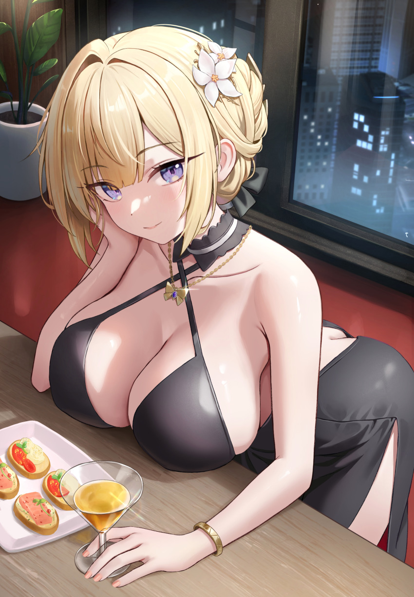 1girl absurdres alternate_costume ass black_dress blush bracelet breast_rest breasts breasts_on_table building butt_crack closed_mouth collarbone commentary cup dress drinking_glass elbow_on_table elbow_rest evelyn_chevalier flower food gold_bracelet hair_flower hair_intakes hair_ornament halter_dress halterneck head_rest highres indoors jewelry large_breasts leaning_forward long_hair looking_at_viewer nay plant plate potted_plant sleeveless sleeveless_dress smile solo white_flower zenless_zone_zero