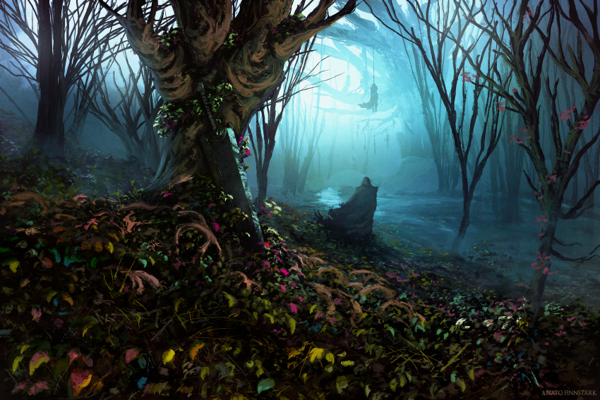 1other absurdres anato_finnstark artist_name bare_tree berserk cape death dragonslayer_(sword) field flower fog forest from_behind gloom_(expression) hanged hanging_from_tree highres hood hood_up landscape leaf nature outdoors plant_roots river scenery sword tree weapon