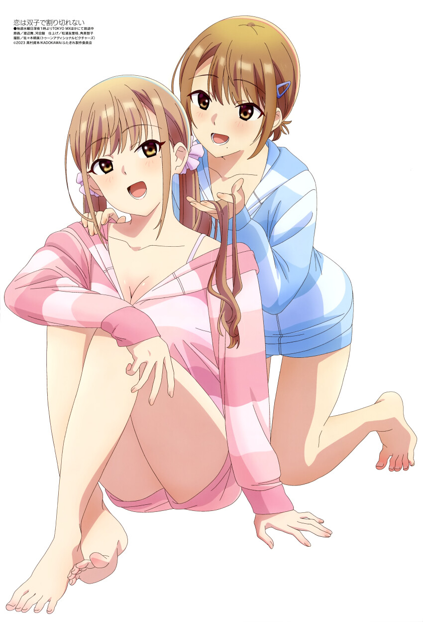2girls :d absurdres barefoot blue_pajamas breasts brown_eyes brown_hair cleavage collarbone full_body hair_ornament hairclip highres hood hoodie jinguuji_naori jinguuji_rumi kawai_shun koi_wa_futago_de_warikirenai long_hair long_sleeves looking_at_another loungewear lower_teeth_only magazine_scan megami_magazine mole mole_under_eye mole_under_mouth multiple_girls official_art open_mouth pajamas pink_pajamas scan short_hair siblings sisters smile striped_clothes striped_hoodie teeth twins twintails watanabe_mai white_background