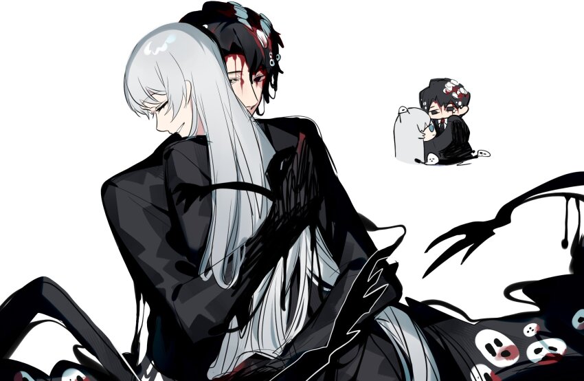 1boy 1girl angelica_(project_moon) black_eyes black_hair black_jacket black_pants blood blue_eyes closed_eyes e.g.o_(project_moon) hand_up highres husband_and_wife jacket library_of_ruina long_hair long_sleeves mountain_of_smiling_bodies pants parted_lips project_moon roland_(project_moon) shanhujiao smile_(e.g.o) very_long_hair white_hair