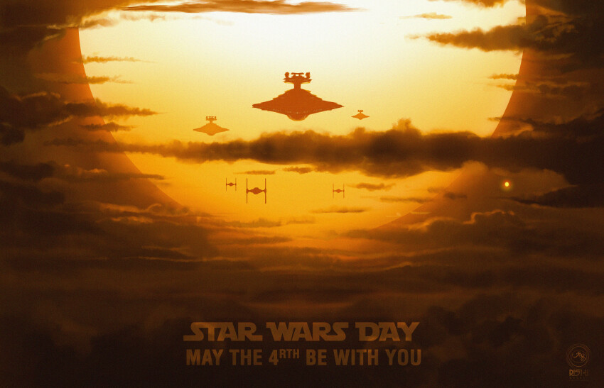 absurdres artist_logo artist_name celebration cloud cloudy_sky commentary convoy dated english_commentary fleet flying galactic_empire_(star_wars) highres logo may_the_4th military no_humans orange_sky orange_theme rishishukla scenery science_fiction signature silhouette sky spacecraft star_destroyer star_wars starfighter sun tie_fighter