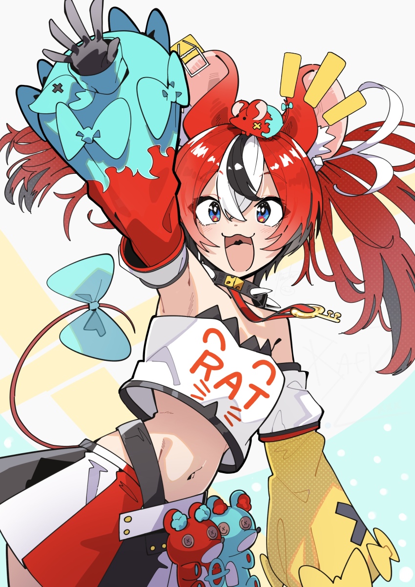 1girl :3 absurdres asymmetrical_sleeves bare_shoulders black_hair blue_eyes collar commentary_request detached_sleeves hakos_baelz hanten_(hantennano) highres hololive hololive_english key long_sleeves midriff miniskirt mouse_on_head mr._squeaks_(hakos_baelz) multicolored_eyes multicolored_hair navel open_mouth orange_eyes pleated_skirt puffy_long_sleeves puffy_sleeves red_hair skirt smile solo spiked_collar spikes strapless streaked_hair tube_top twintails upper_body virtual_youtuber white_hair