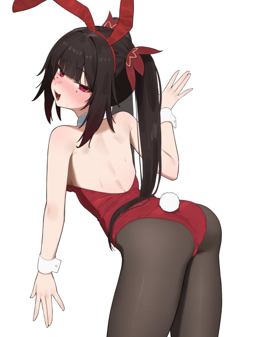 1girl animal_ear_hairband animal_ears ass backless_leotard bent_over black_hair black_pantyhose blush commentary facial_mark fake_animal_ears fake_tail flasso from_behind hairband hand_up highleg highleg_leotard highres honkai:_star_rail honkai_(series) leotard long_hair looking_at_viewer looking_back open_mouth pantyhose playboy_bunny rabbit_ears rabbit_tail red_eyes red_hairband red_leotard simple_background solo sparkle_(honkai:_star_rail) tail very_long_hair white_background white_wrist_cuffs wrist_cuffs