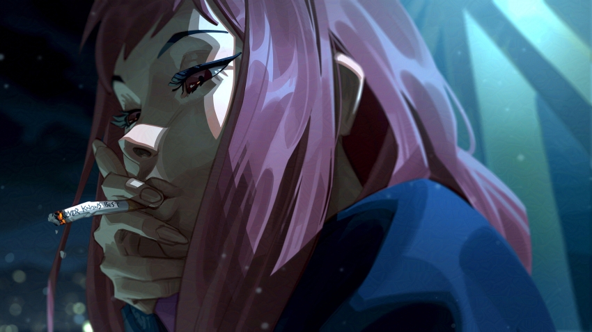 1girl blue_shirt blurry blurry_background bridge cigar eyelashes flcl hand_on_own_face highres holding holding_cigar jeremy_anninos medium_hair night night_sky outdoors red_eyes red_hair samejima_mamimi shirt sky smoking upper_body