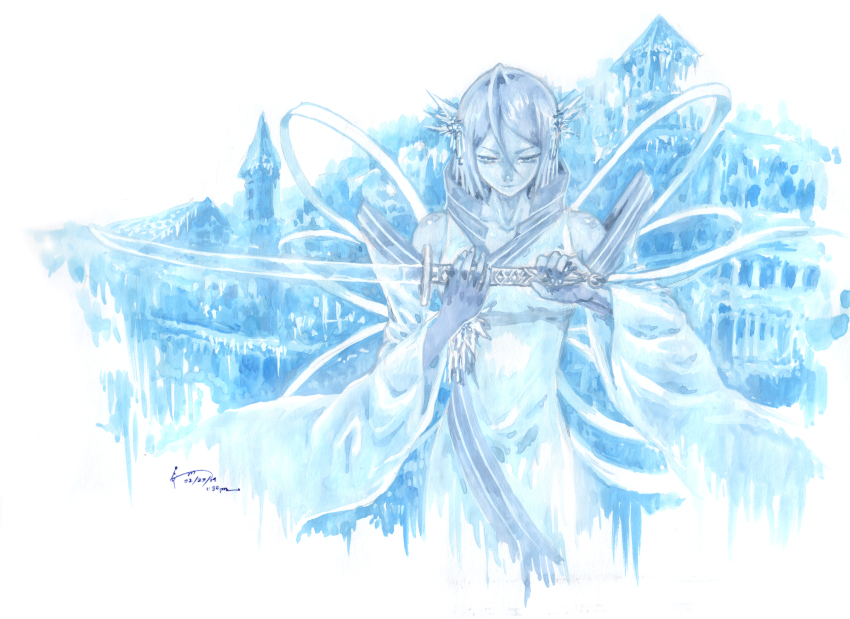 1girl 2014 absurdres bankai bleach bleach:_sennen_kessen-hen blue_hair blue_skin building colored_skin dated detached_sleeves dominic_ian_cabatit frozen furisode_sleeves hair_ornament highres holding holding_sword holding_weapon ice katana kuchiki_rukia long_ribbon long_sleeves short_hair solo sword timestamp traditional_media two-handed weapon wide_sleeves zanpakutou