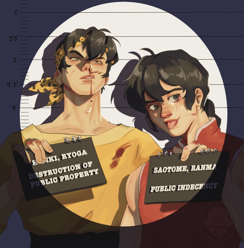 2boys ahoge artist_logo artist_name bandana belt black_bandana black_belt black_eyes black_hair blood blood_drop blood_on_clothes blood_on_face blood_on_hands braid braided_ponytail brown_eyes bruise bruised_eye collarbone commentary dripping english_commentary english_text furrowed_brow height_mark hibiki_ryouga highres holding holding_sign injury lips logo long_hair long_sleeves looking_at_viewer looking_down male_focus mandarin_collar mugshot multiple_boys muscular muscular_male nameplate nose nosebleed ranma_1/2 red_shirt saotome_ranma shirt side-by-side sign signature single_braid sleeveless sleeveless_shirt sneer spotlight thekoihoi tongue tongue_out two-tone_bandana upturned_nose yellow_bandana yellow_shirt