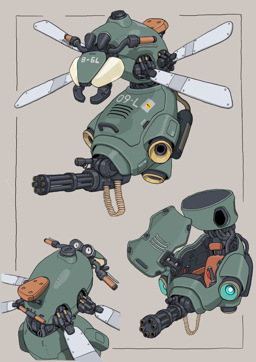 absurdres aircraft ammunition_belt animal-themed_vehicle gatling_gun gatling_santouhei highres military military_vehicle minigun multiple_views no_humans open_cockpit original simple_background vehicle_focus wasp
