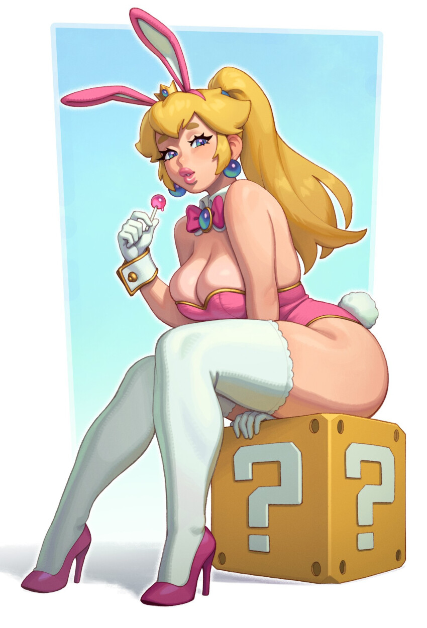 1girl blonde_hair blue_eyes bow bowtie breasts candy cleavage collar crown cuffs food high_heels large_breasts leotard lips lollipop mario_(series) nintendo parted_lips pink_bow pink_bowtie playboy_bunny ponytail princess_peach ? rabbit_ears riz simple_background sitting sitting_on_object smile socks thighhighs thighs