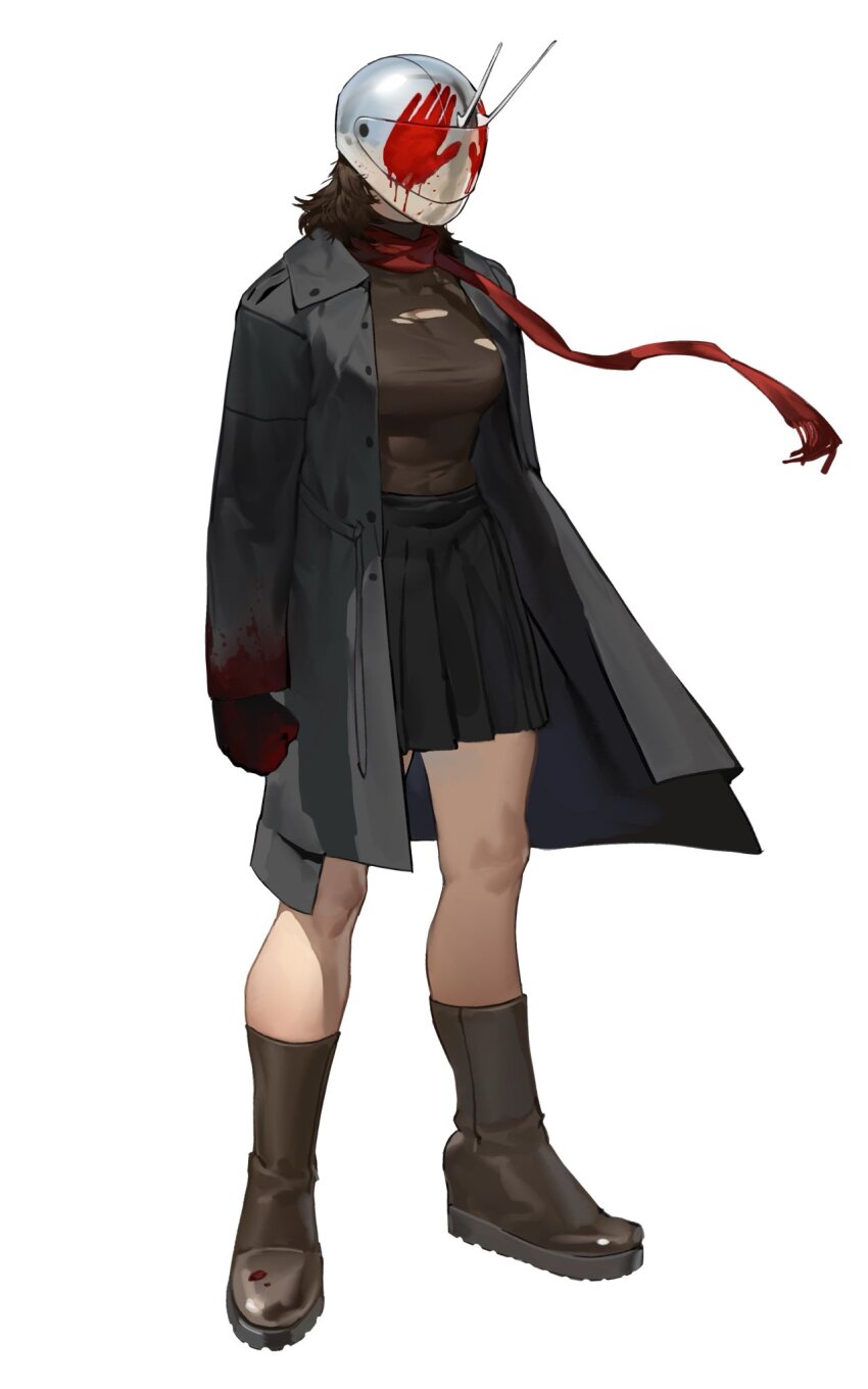1girl blood blood_on_clothes blood_on_gloves blood_on_helmet blood_on_sleeves bloody_handprints boots breasts brown_hair coat commentary english_commentary gloves handprint helmet highres kamen_rider kamitoge_supino medium_breasts red_scarf scarf skirt solo torn_clothes white_background