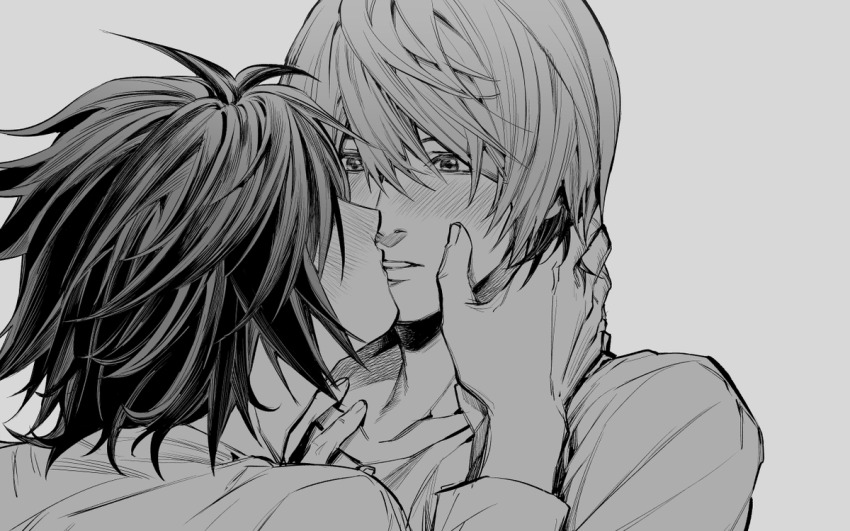 2boys blush commentary covered_eyes death_note grey_background greyscale hair_between_eyes hair_over_eyes hand_on_another&#039;s_chest hand_on_another&#039;s_neck kiss l_(death_note) long_sleeves looking_at_another male_focus monochrome multiple_boys nervous parted_lips ruttika_shin shirt simple_background upper_body yagami_light yaoi