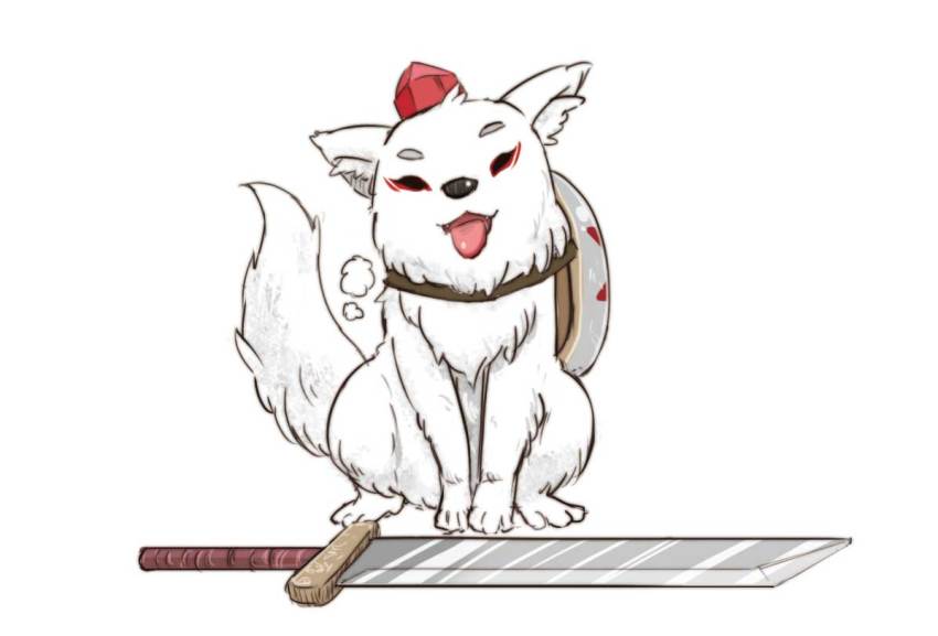 animalization chamaji chibiterasu facial_mark fangs full_body hat heavy_breathing inubashiri_momiji no_humans ookamiden red_hat shield simple_background solo sword tokin_hat tongue tongue_out touhou weapon white_background wolf