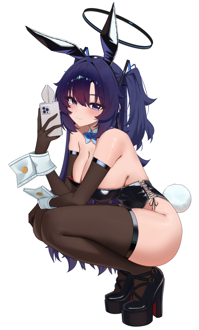 1girl absurdres alternate_costume animal_ear_hairband animal_ears bare_shoulders black_gloves black_hairband black_halo black_leotard black_shoes black_thighhighs blue_archive blue_bow blue_bowtie blue_eyes blush bow bowtie breasts cellphone cleavage closed_mouth collar commentary detached_collar elbow_gloves fake_animal_ears fake_tail full_body gloves hair_between_eyes hairband halo high_heels highres holding holding_phone large_breasts leotard long_hair looking_at_viewer looking_to_the_side mcbox phone playboy_bunny purple_hair rabbit_ears rabbit_tail shoes simple_background smile solo squatting strapless strapless_leotard tail thighhighs two_side_up very_long_hair white_background white_collar white_wrist_cuffs wrist_cuffs yuuka_(blue_archive)