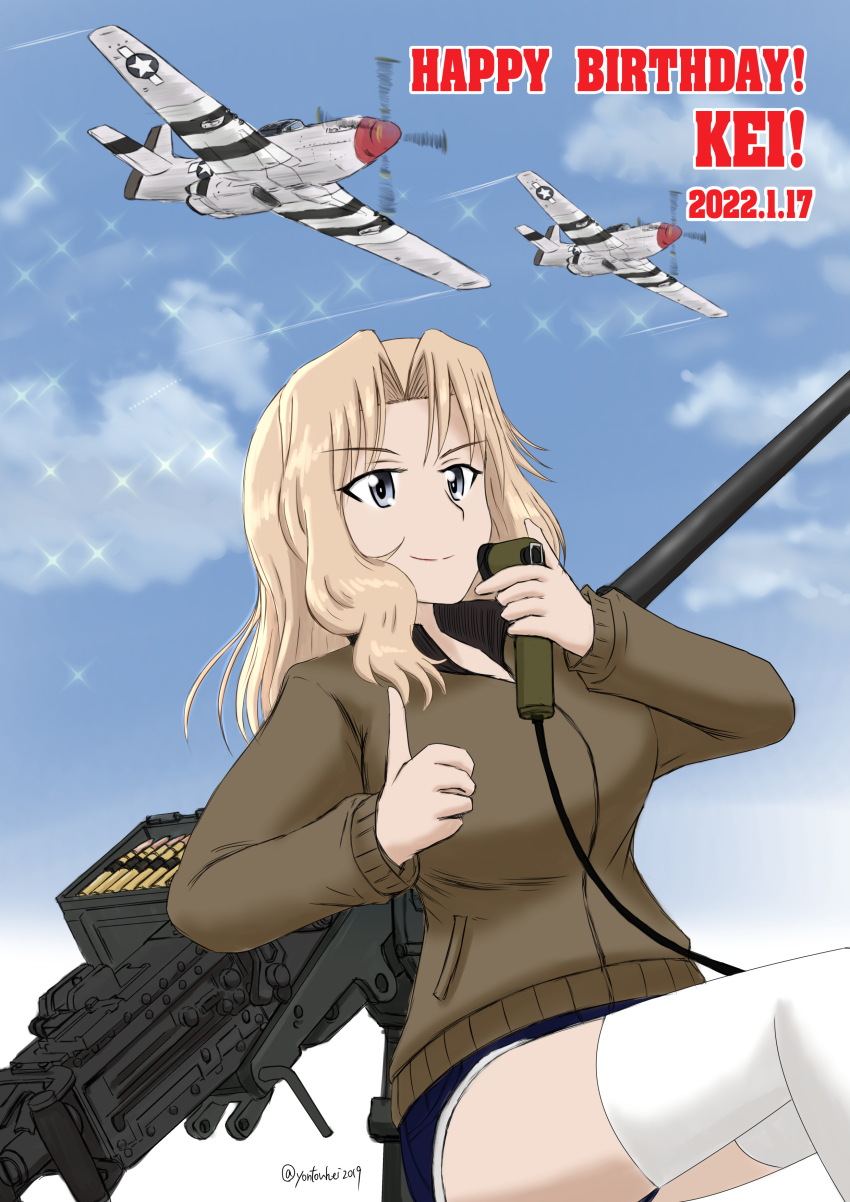 absurdres aircraft airplane birthday blonde_hair blue_eyes blue_shorts blue_sky brown_jacket browning_m2 character_name closed_mouth cloud cloudy_sky dated day denim denim_shorts english_text girls_und_panzer gun hair_intakes happy_birthday heavy_machine_gun highres holding holding_radio jacket kay_(girls_und_panzer) long_hair long_sleeves looking_to_the_side machine_gun medium_hair military military_uniform military_vehicle motion_blur outdoors p-51_mustang porotto_yontouhei propeller_fighter radio roundel saunders_military_uniform short_shorts shorts sitting sky smile thighhighs thumbs_up weapon white_thighhighs