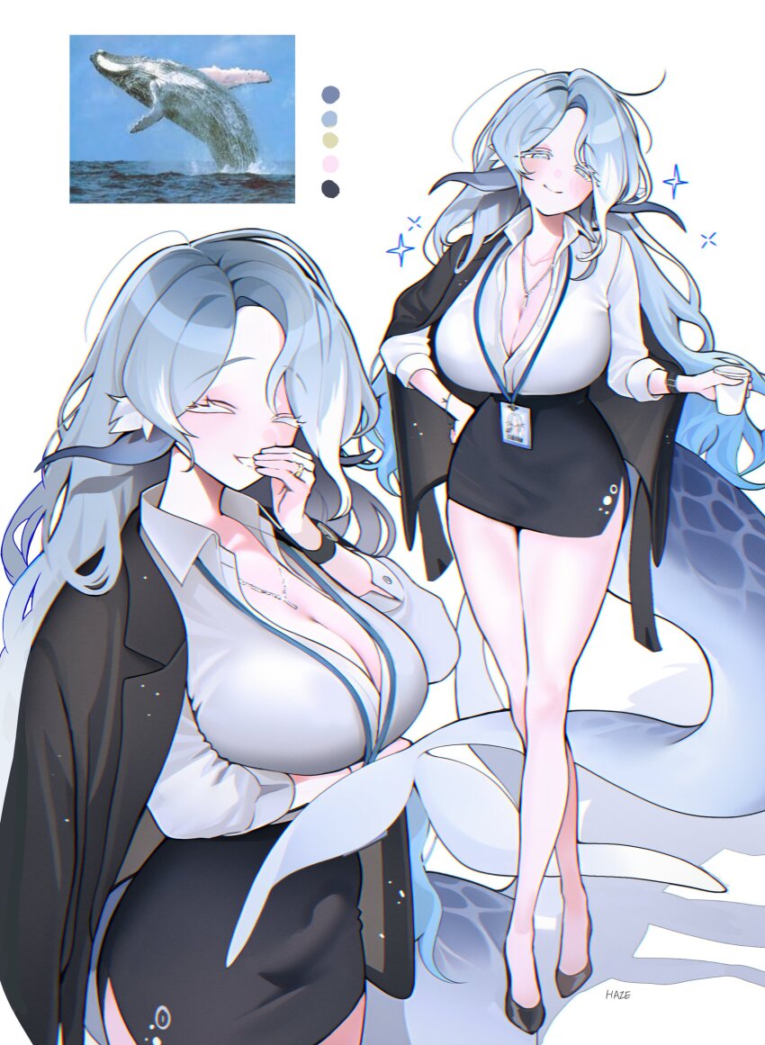 1girl absurdres artist_name black_skirt blue_eyes blue_hair breasts cetacean_tail cleavage collared_shirt cup fins fish_tail haze_(7h4ze) high_heels highres holding holding_cup huge_breasts jacket jacket_on_shoulders jewelry lanyard looking_at_viewer necklace office_lady original pencil_skirt photo_inset ring shirt skirt tail whale whale_girl white_background white_shirt