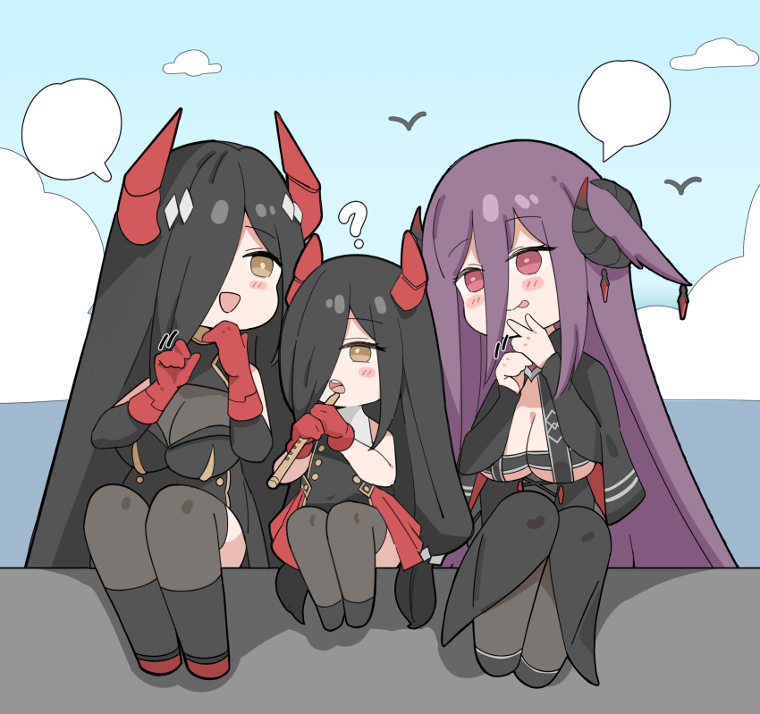 3girls :p ? absurdres azur_lane black_dress black_hair black_horns black_thighhighs blue_sky breasts chibi chibi_only cleavage cloud curled_horns dress flute friedrich_carl_(azur_lane) friedrich_der_grosse_(azur_lane) gloves hair_over_one_eye highres holding holding_flute holding_instrument horns instrument large_breasts little_friedrich_(azur_lane) long_bangs multiple_girls outdoors pink_eyes purple_hair red_gloves red_horns sitting sky stenerwg thighhighs tongue tongue_out