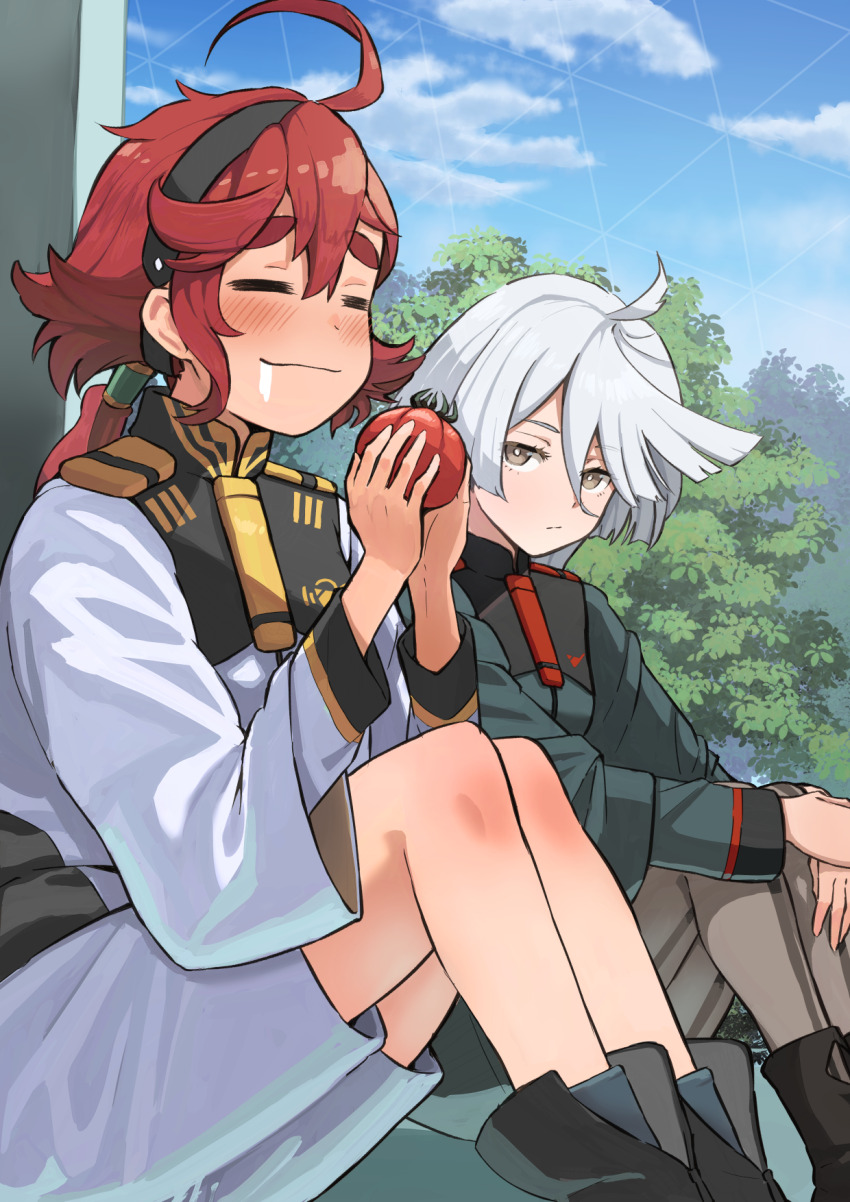 2girls =_= ahoge asticassia_school_uniform blush closed_eyes drooling food grey_eyes gundam gundam_suisei_no_majo hairband highres holding holding_food long_hair looking_at_another miorine_rembran multiple_girls pantyhose ponytail red_hair saliva school_uniform shorts sitting suletta_mercury thick_eyebrows tomato toraneko white_hair